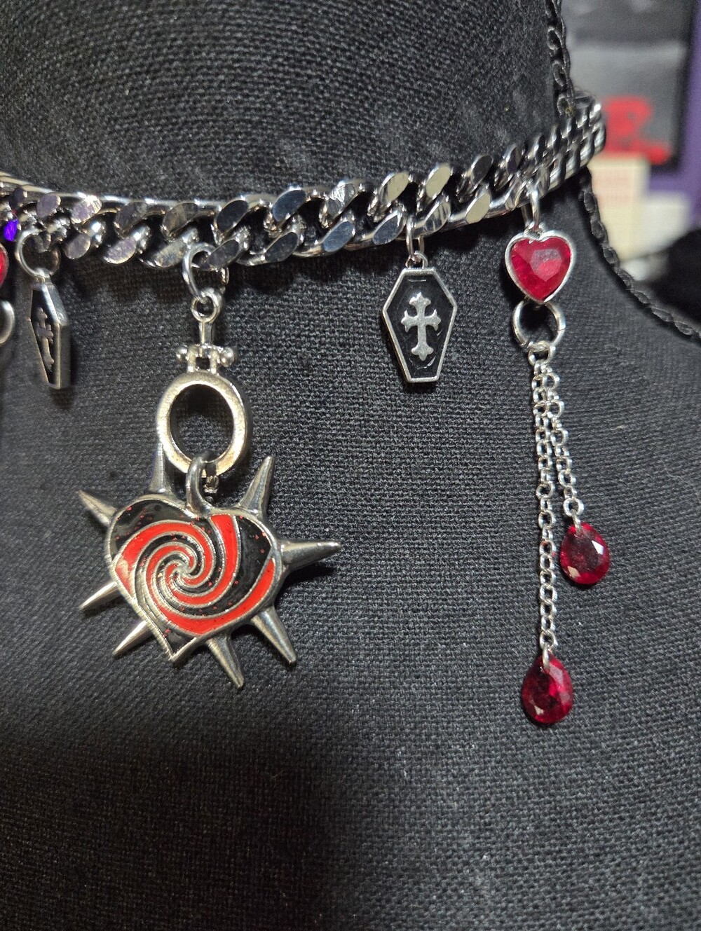 Handmade Red Black Silver Scene Necklace Spike Heart Coffin Goth Punk Emo Steel - Picture 3 of 6